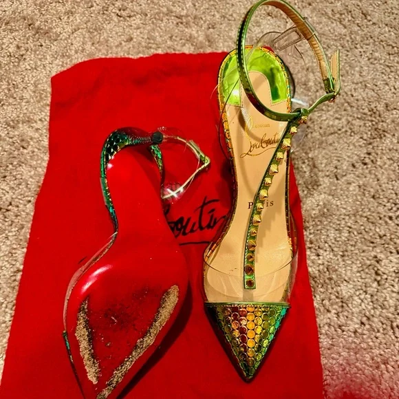Christian Louboutin Green and Gold Heels with Metallic Accents - Picture 10 of 13